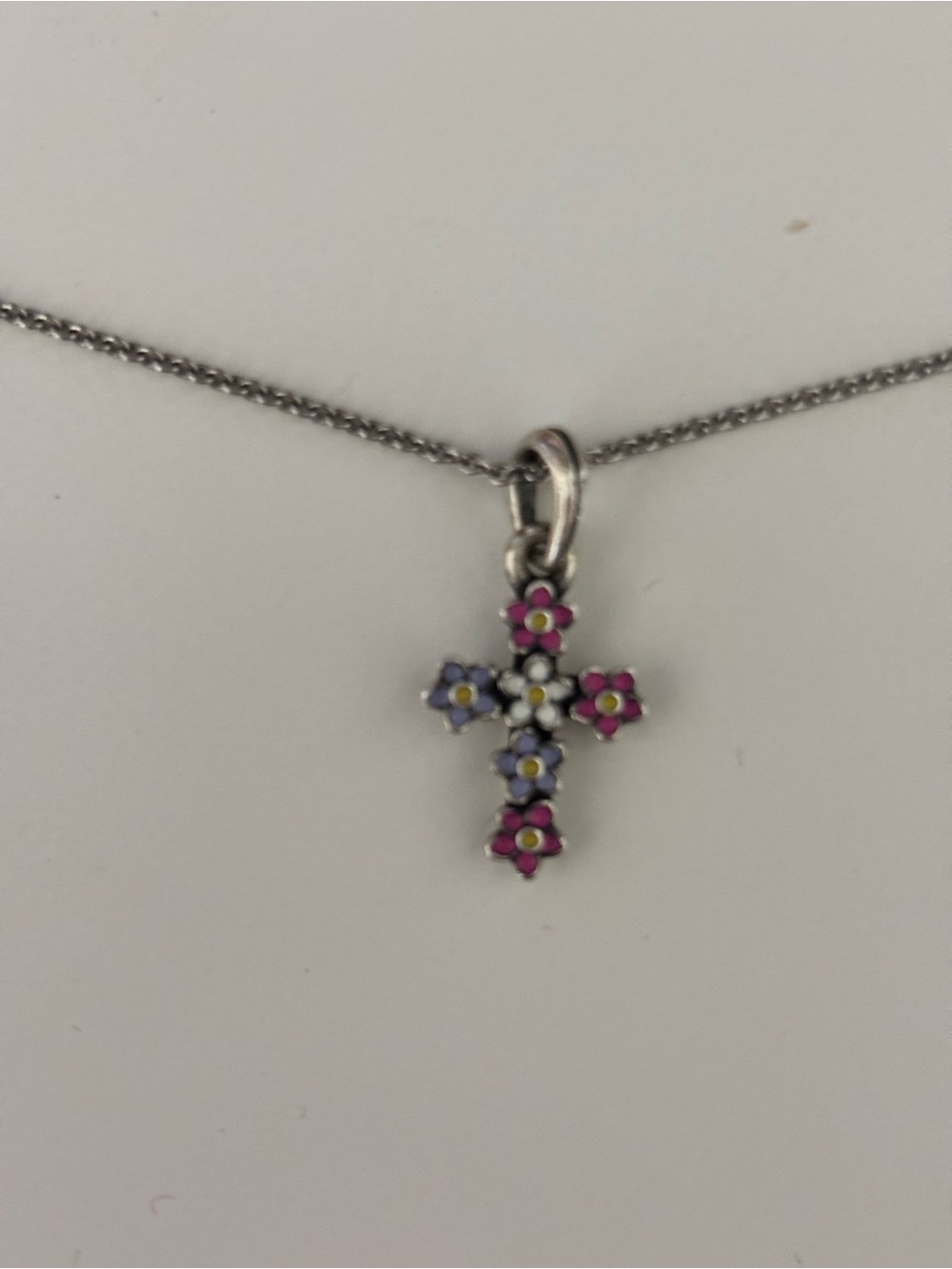 James Avery Sterling Cross Pendant with Pink, Purple & White Floral Accents